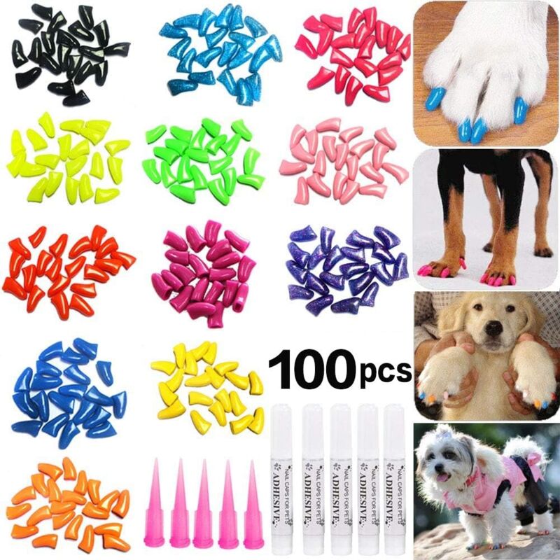 foto del prodotto 100 pezzi di tappi per unghie per cani, morbidi copri unghie per zampe di cucciolo di cane, kit per la casa, 5 tipi xxl