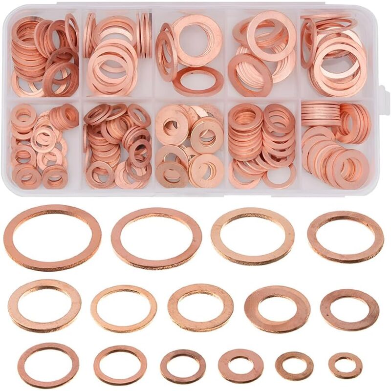 foto del prodotto 100 pezzi guarnizione tappo scarico olio rame, 9 misure metriche kit assortimento rondelle di tenuta in rame bebusingoto