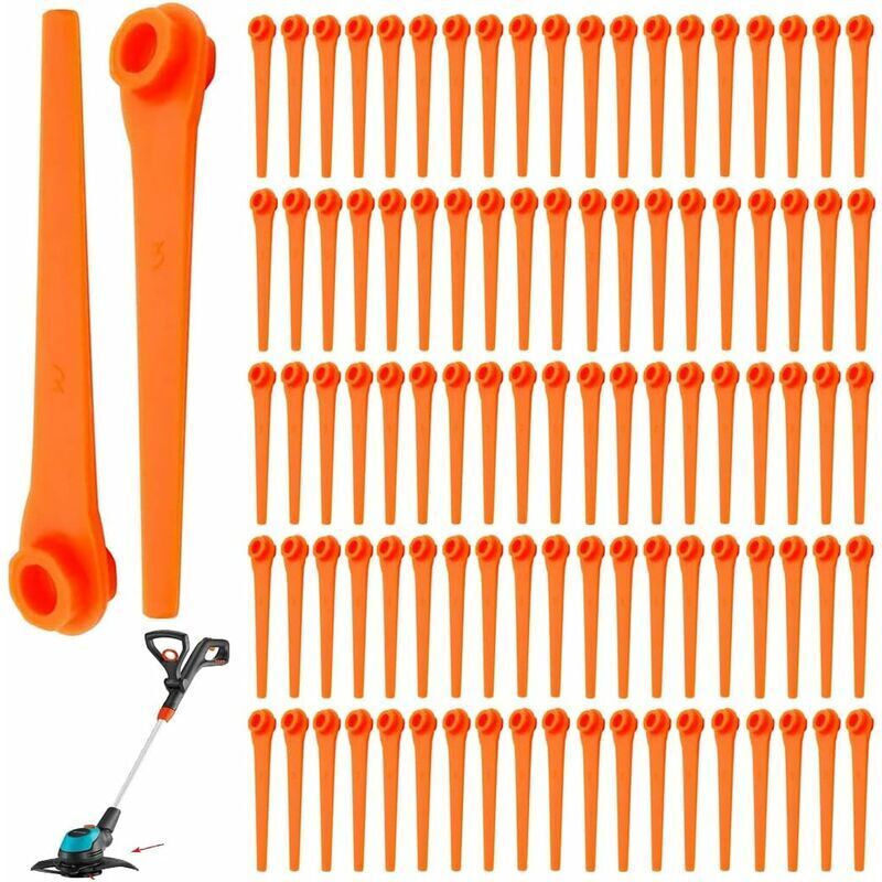 foto del prodotto 100 pezzi lame di ricambio in plastica per gardena 9823 9825 9820 9821 lame per decespugliatore 70 mm arancione