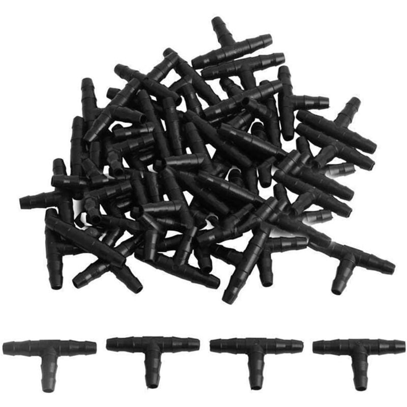 foto del prodotto 100 pezzi raccordo a t per tubi da 4 7 mm connettore a t in pvc per irrigazione a spruzzo, ugello a goccia, irrigazione a spruzzo, giunto per