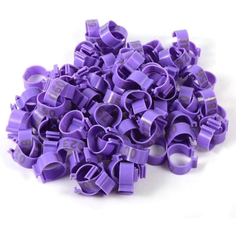 foto del prodotto 100 pezzi sacchetto 8 mm 001 100 anelli numerati in plastica per zampe di pollo, anatra e oca viola 