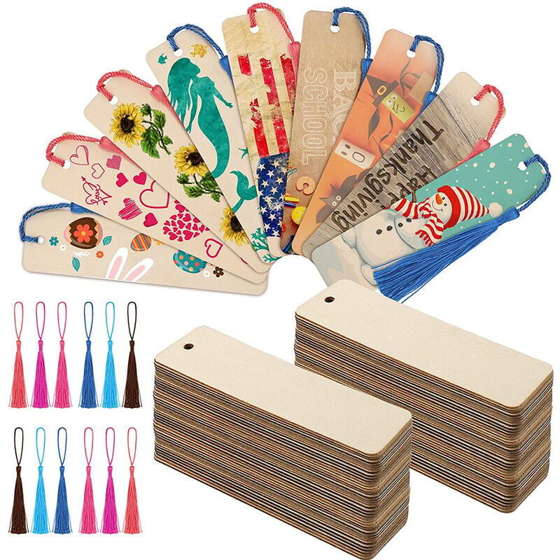 foto del prodotto 100 pezzi segnalibri in legno vuoti, 100 pezzi nappe multicolori, 12 x 3,2 cm, etichette in legno rettangolari vuote con fori e nappe