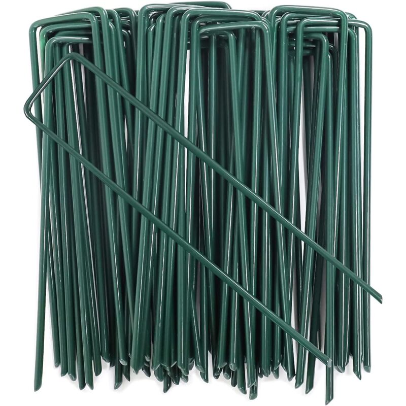 foto del prodotto 100 picchetti da terra in acciaio zincato verde, ancoraggio a terra da giardino a forma di u per tessuto pacciamante, 150x25 mm, 3 mm, verde
