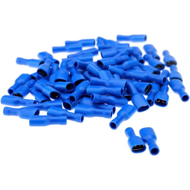foto del prodotto 100 pz terminali elettrici piatti blu connettori a crimpare femmina isolati assortimento a crimpare da 6,3 mm