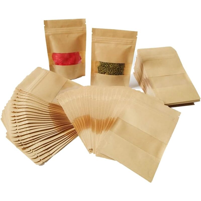 foto del prodotto 100 sacchetti in carta kraft con chiusura lampo, 914 cm, con finestra, mini buste biodegradabili per semi, caramelle, semi, regali e gioielli 914