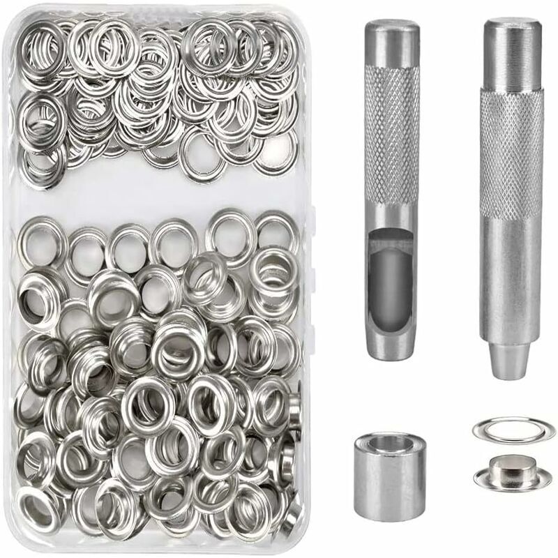 foto del prodotto 100 set occhielli e occhielli metallici, utensili per occhielli da 14 mm, per la riparazione di tende e teloni, argento