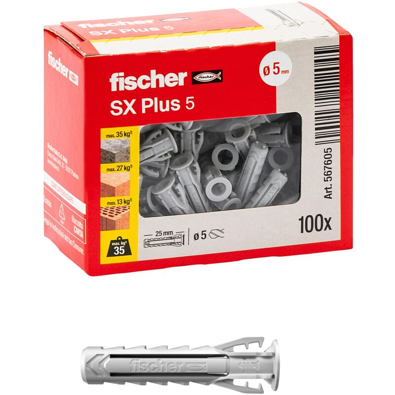 foto del prodotto 100 tasselli sx plus 5x25 mm per muro pieno, mattone forato, muratura, calcestruzzo, per il fissaggio di lampadari, mobili, pensili, mensole, 567605