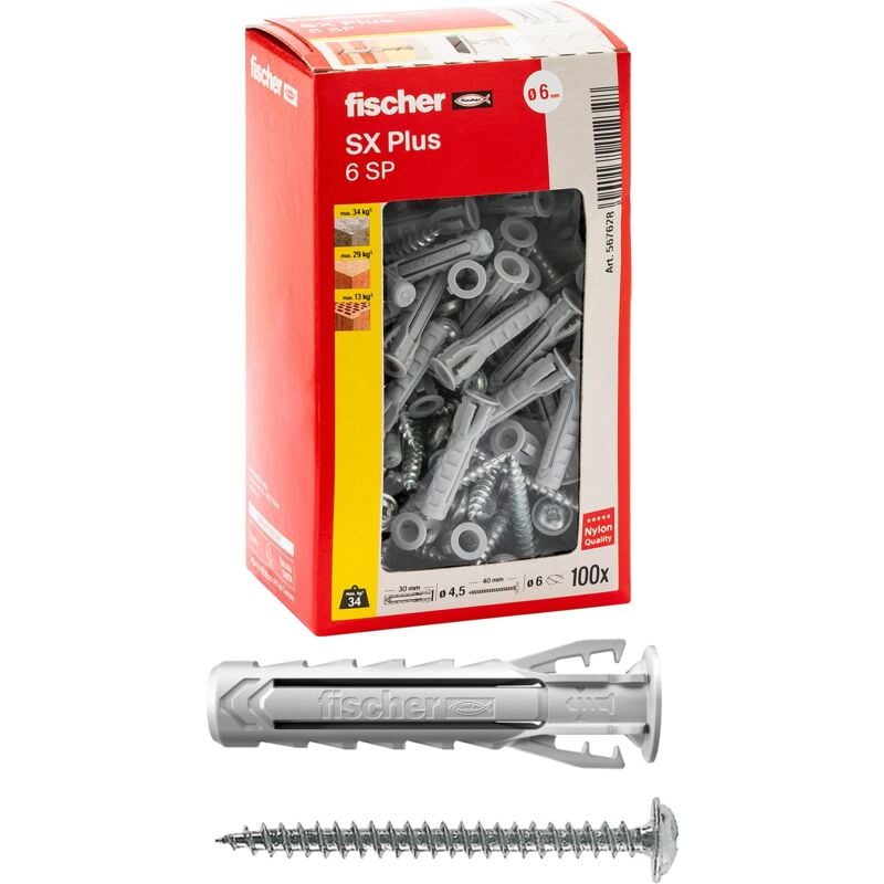 foto del prodotto 100 tasselli sx plus sp con vite testa cilindrica 6x30 mm per muro pieno, mattone forato, muratura, calcestruzzo, per il fissaggio di lampadari,