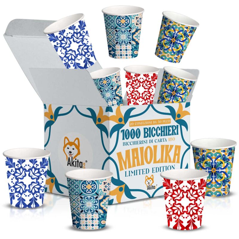 foto del prodotto 1000 bicchieri carta acqua bevande biodegradabili 180ml design maiolika akitaink