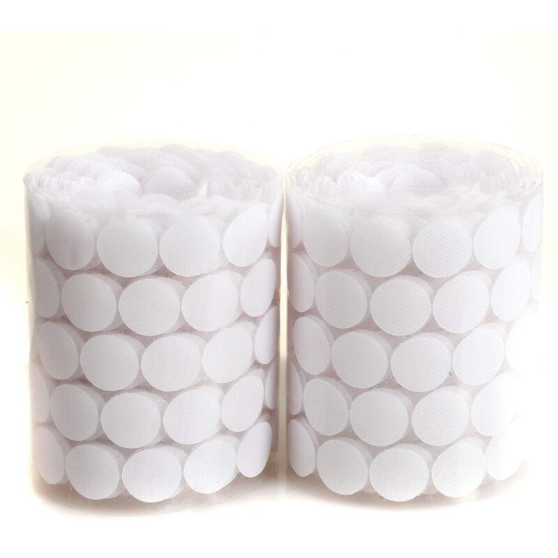 foto del prodotto 1000 tondini velcro adesivo bianco 500 coppie diametro 10 mm, 1 cm, lato con gancetti e lato con asole da attaccare packaging 1000 tondini
