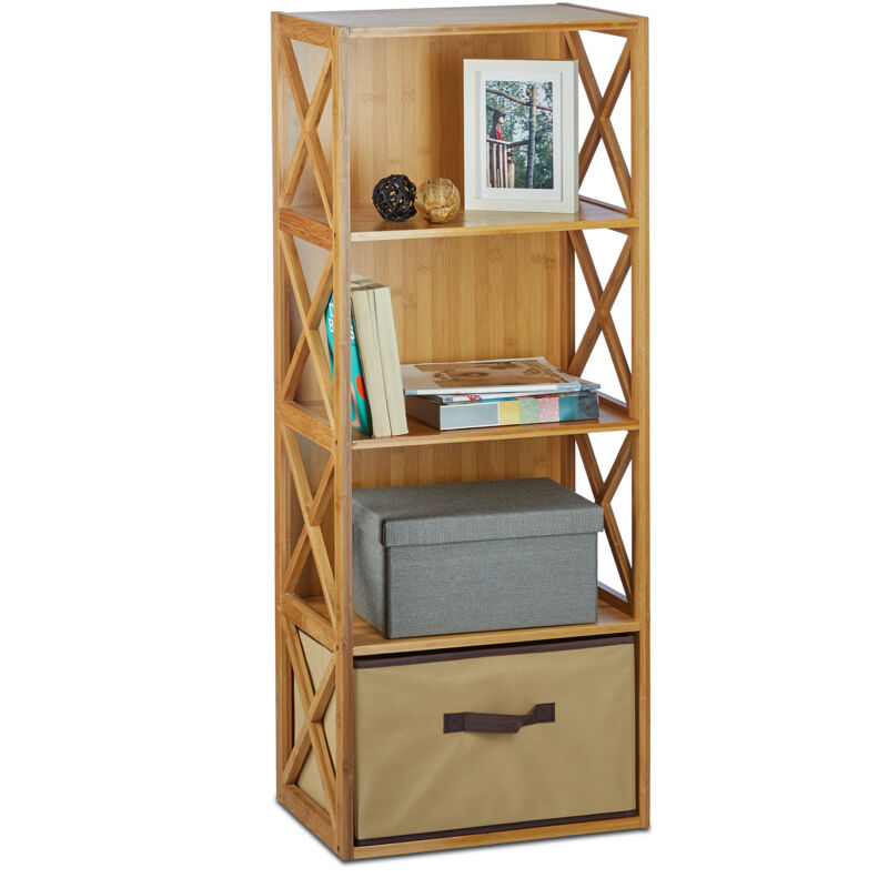 foto del prodotto 10020273342 scaffale con cestino per il bagno, 4 ripiani, legno, box pieghevole, hxlxp 105 x 42 x 29 cm ca. relaxdays