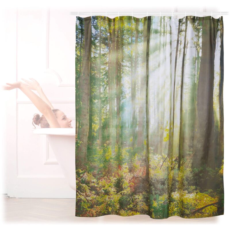 foto del prodotto 10022618 tenda da doccia, vasca da bagno, stampa foresta, poliestere, lavabile, anti muffa, 180x180 cm, verde relaxdays