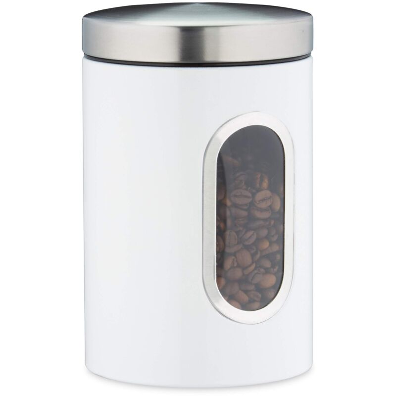foto del prodotto 1002764749 barattolo, con coperchio, finestra trasparente, 1,4 l, caff , sale, zucchero, pasta, cucina, metallo, bianco, ferro relaxdays