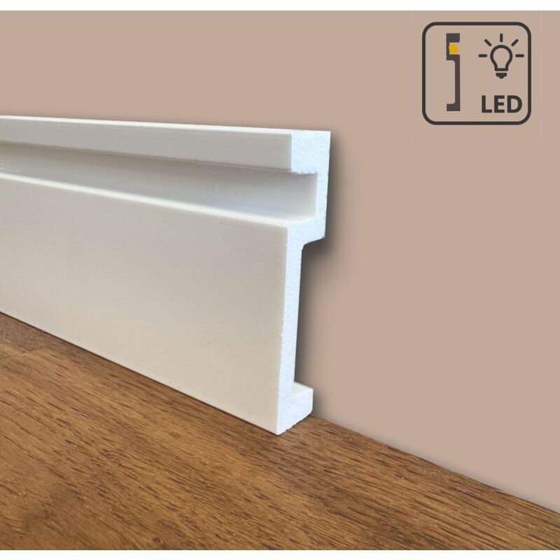 foto del prodotto 100ml di battiscopa quadro predisposizione led in polimeri linea basicboard 100x20mm bianco pitturabile