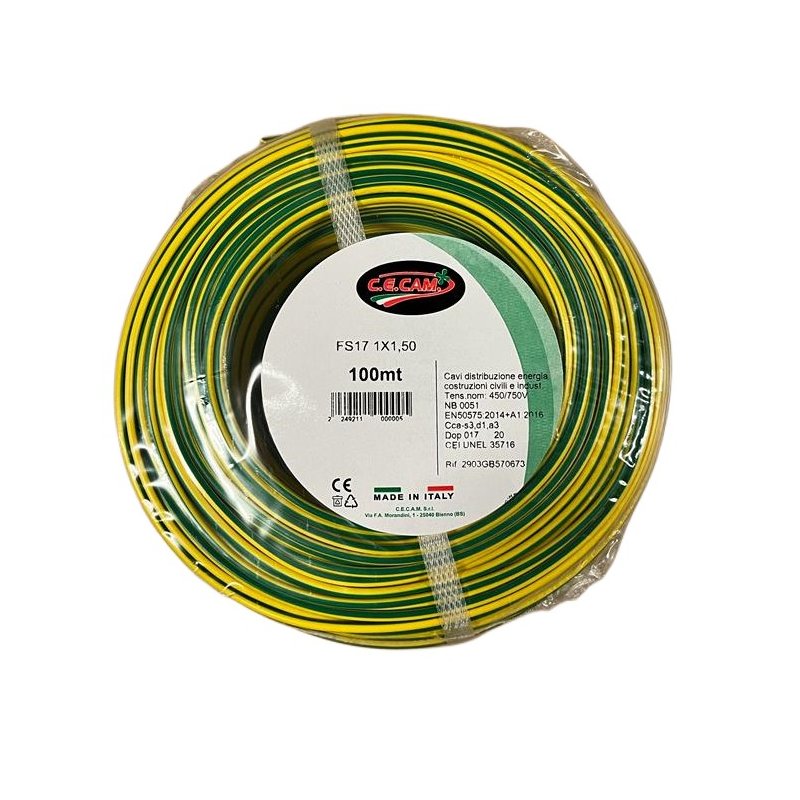 foto del prodotto 100mt cavo elettrico fs17 450 750v unipolare 1x1.5mm colore giallo verde made in italy