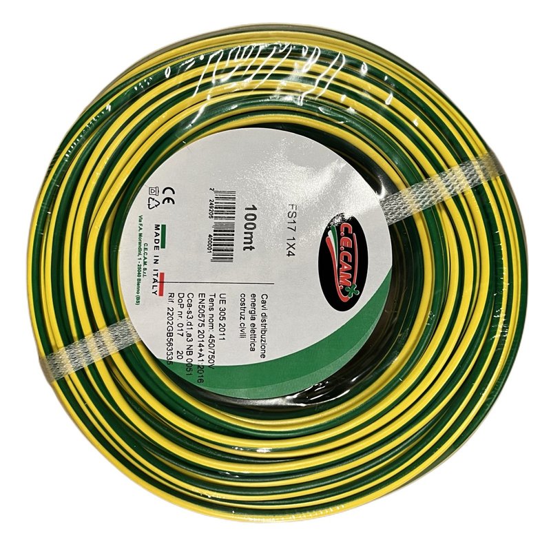 foto del prodotto 100mt cavo elettrico fs17 450 750v unipolare 1x4mm colore giallo verde made in italy