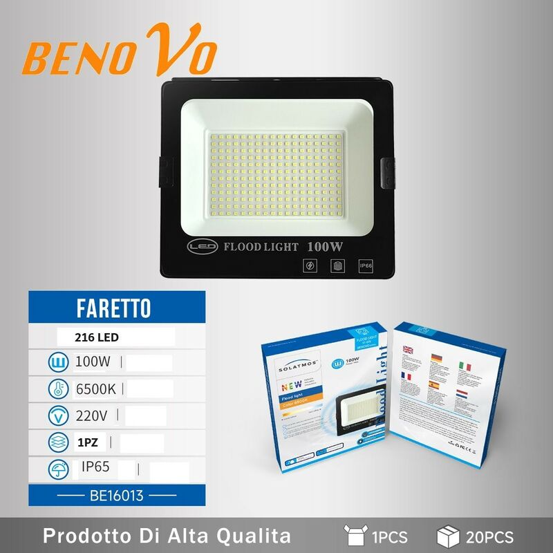 foto del prodotto 100w faro slim smd 216 led 4500lm luce fredda 6400k esterno ip66