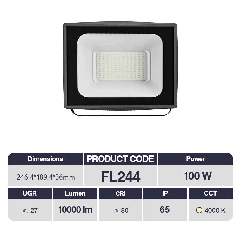 foto del prodotto 100w kosoom led faretto da esterno 246.4x189.4x36mm fl244x10pc impermeabile ip65 10000lm