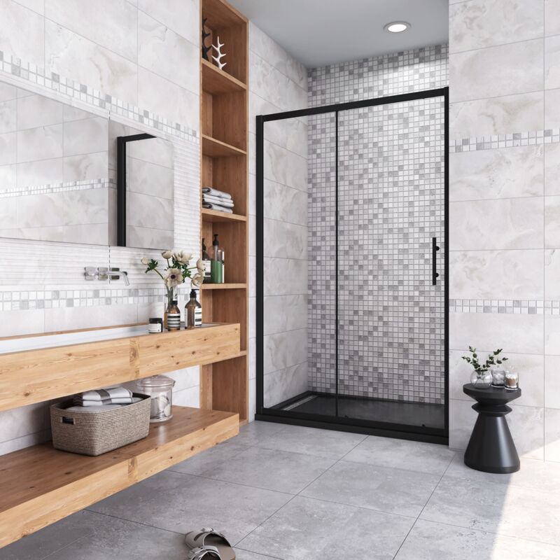 foto del prodotto 100x185 cm box doccia per nicchia porta scorrevole ingresso laterale in vetro 5 mm temperato trasparente profilo nero opaco