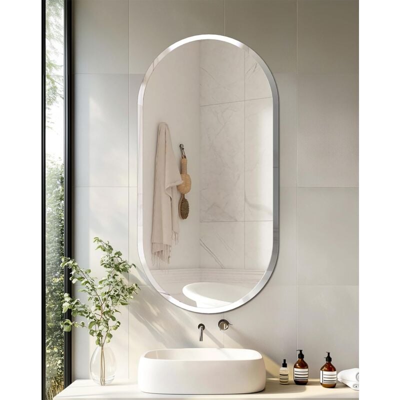 foto del prodotto 100x50cm specchio da bagno decorativo ingresso da parete ovale moderno argento vetro
