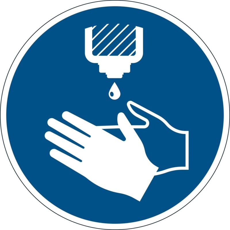 foto del prodotto 103806 pittogramma da pavimento disinfettarsi le mani, adesivo rimovibile, per aree interne, blu durable