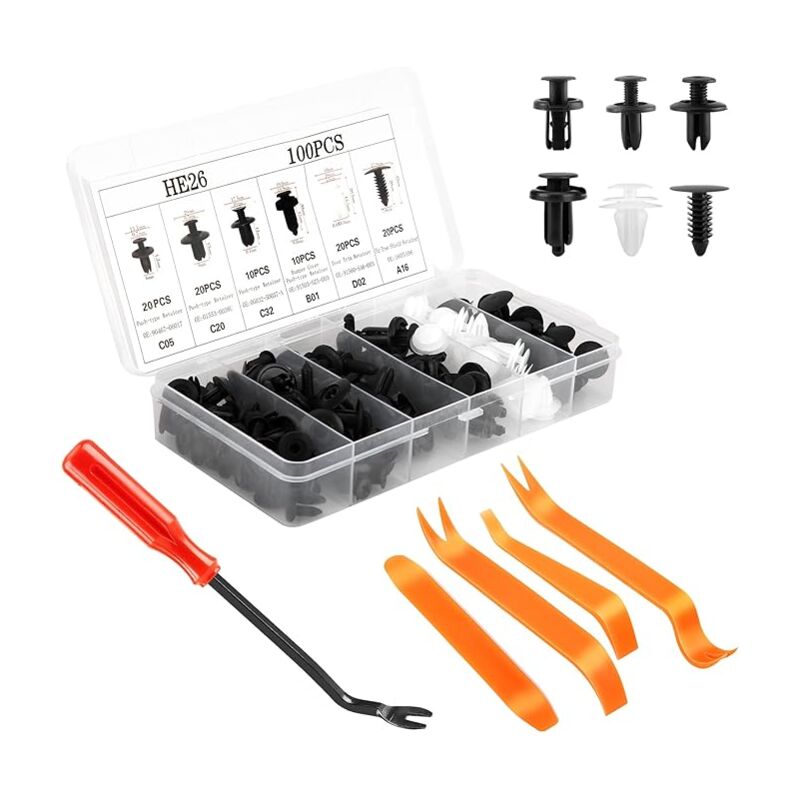 foto del prodotto 105 clip di fissaggio per auto, 6 misure, 100 rivetti in plastica e 5 strumenti per la rimozione delle viti per auto, adatti alla maggior parte dei