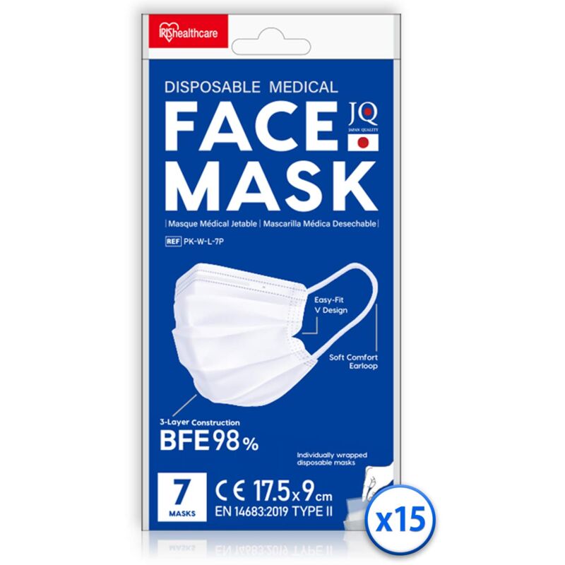 foto del prodotto 105 mascherine chirurgiche monouso 15 set da 7 , taglia l, 3 strati, bfe 98 , imballaggio individuale, elastico anti irritazione protective mask