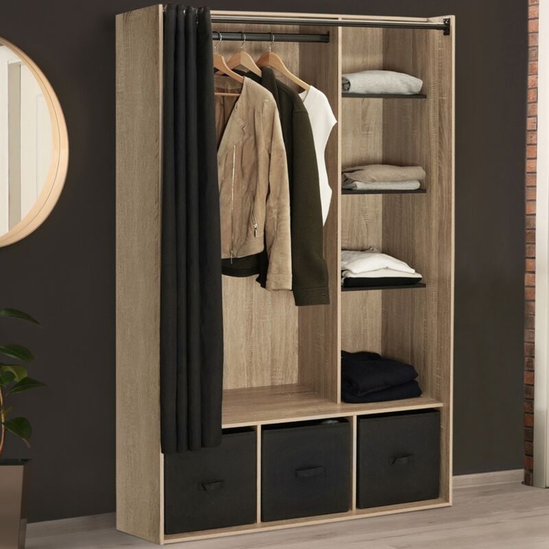foto del prodotto 105 x 50 x 172 cm armadio diane con ripiani contenitori tenda nera e legno