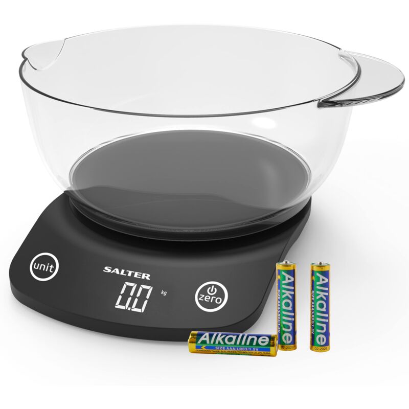 foto del prodotto 1074 bkdr bilancia elettronica digitale da cucina, recipiente di miscelazione 1,8l con labbro antigoccia, pesare alimenti e liquidi, funzione zero