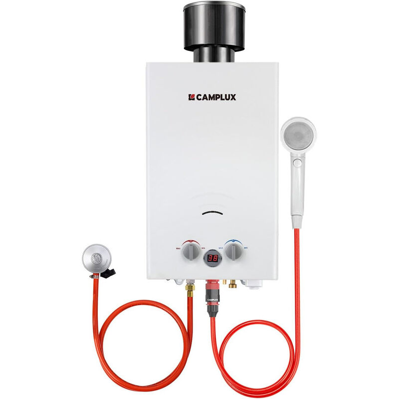 foto del prodotto 10l scaldabagno a gas propano butano, scaldabagno istantaneo a gas da 20kw con copertura antipioggia bw264c 30 37mbar bianco camplux
