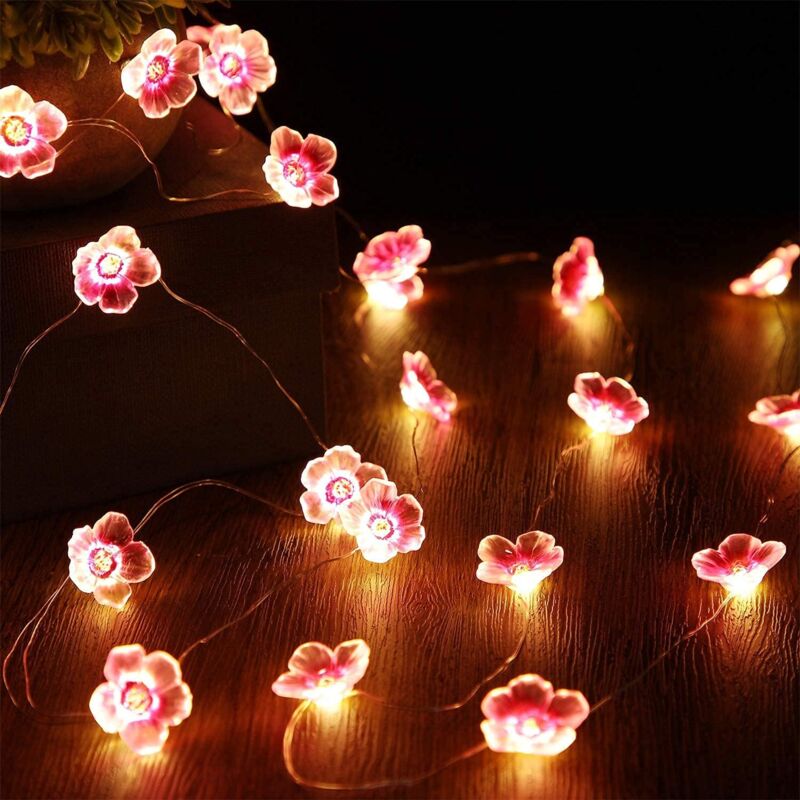 foto del prodotto 10m luci led a forma di fiore di ciliegio rosa, 100 luci led alimentate tramite usb con telecomando, 8 funzioni lampeggianti, per la stanza delle