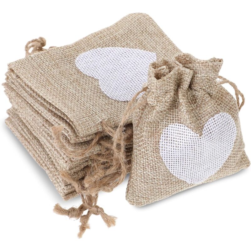 foto del prodotto 10pcs sacchetti di tela di iuta 10x14cm tasche a cuore di iuta set di piccoli sacchetti con coulisse scatole regalo continue per dolciumi e gioielli