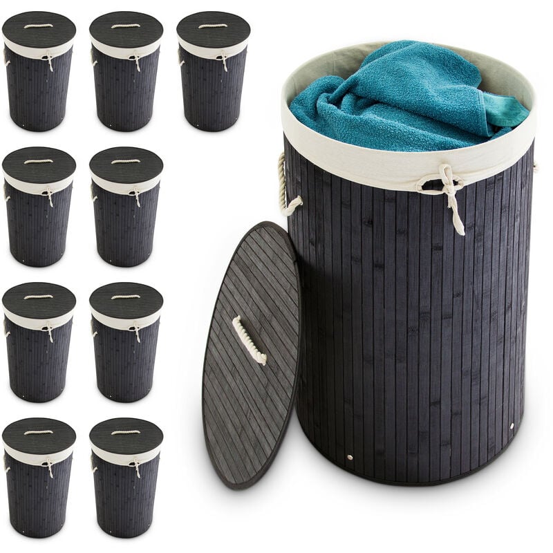 foto del prodotto 10x cesto portabiancheria, rotondo, pieghevole, 70 l di volume, coperchio e sacco di cotone, 41 cm, nero