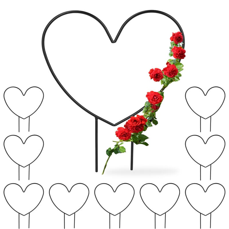 foto del prodotto 10x supporto per piante rampicanti a forma di cuore, sostegno per rose, hlp 32x25x0,5 cm, giardino, acciaio, nero