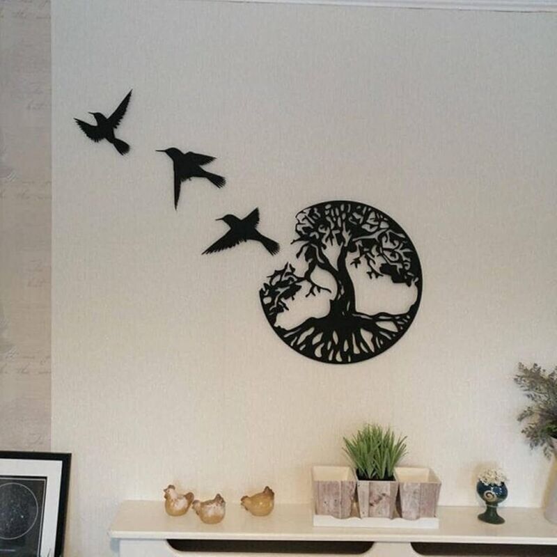 foto del prodotto 11,8 albero della vita in metallo nero da parete scultura da parete con 3 uccelli volanti decorazioni per camera da letto per interni ed