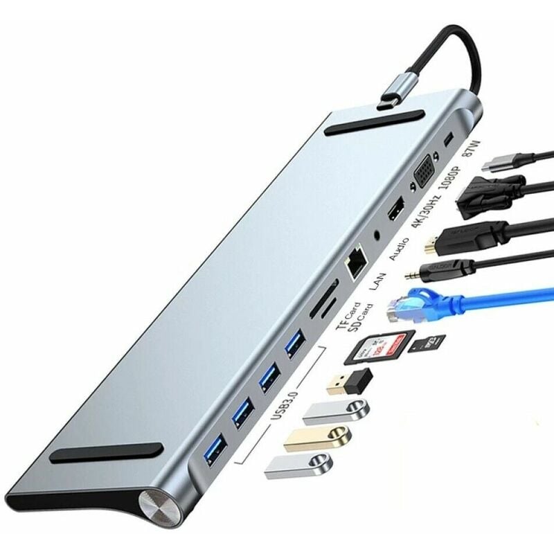 foto del prodotto 11 in 1 hub usb type c adattatore con hdmi 4k vga ethernet lan sd audio pd hu990