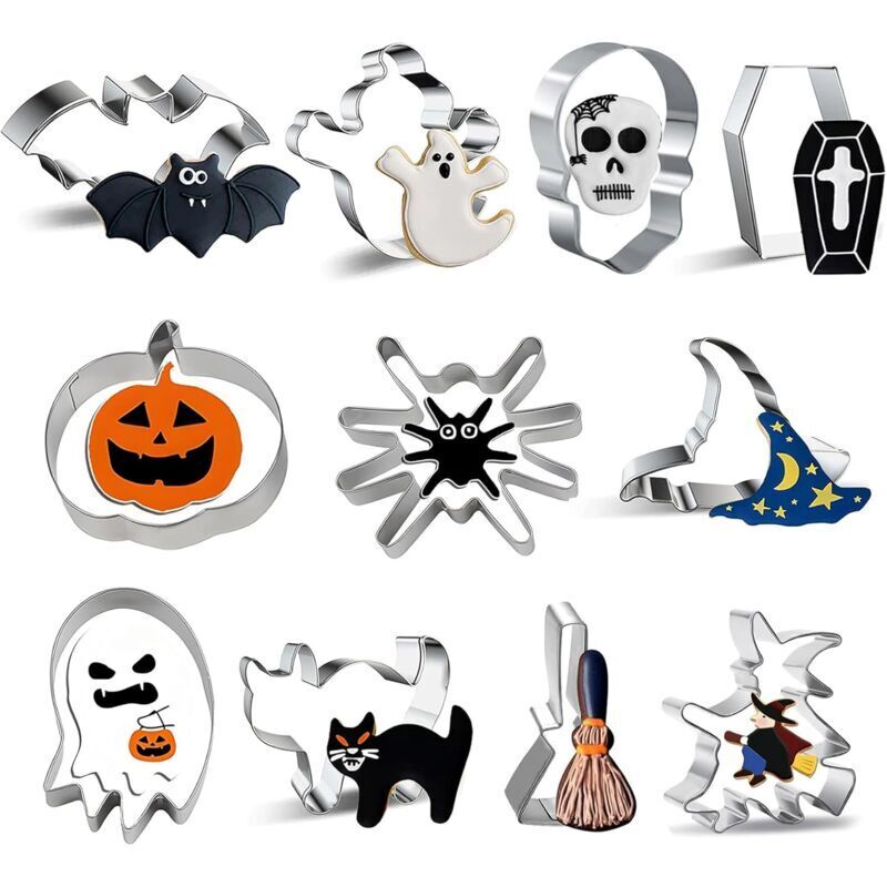 foto del prodotto 11 pezzi formine per biscotti di halloween, stampo per biscotti di halloween in acciaio inossidabile, fantasma, pipistrello, zucca, ragno e cappello