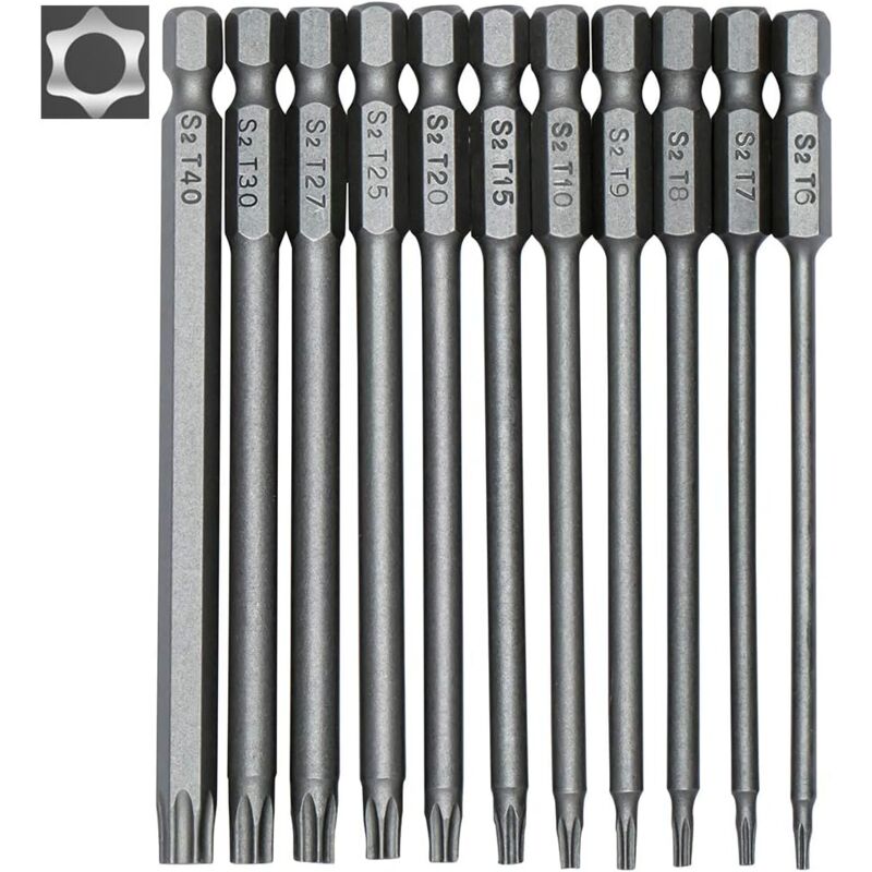 immagine 0 del prodotto 11 pezzi set di punte per cacciavite torx lunghe punte magnetiche attacco esagonale da 1 4 misure da t6 a t40 lunghezza 100 mm dpzo