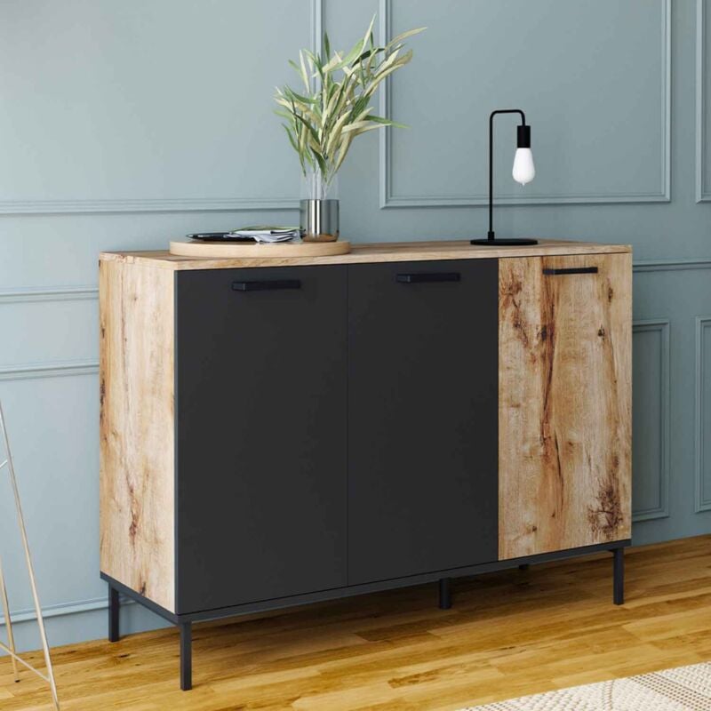 foto del prodotto 110 cm credenza a 3 ante oakland in legno e nero, design industriale