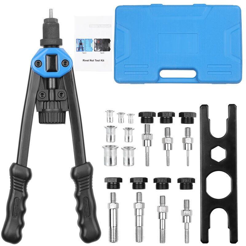 foto del prodotto 110 pezzi set di rivetti manuali kit di rivettatura per dadi con 100 pezzi di rivetti assortiti 7 mandrini metrici m3 m4 m5 m6 m8 m10 m12 e custodia