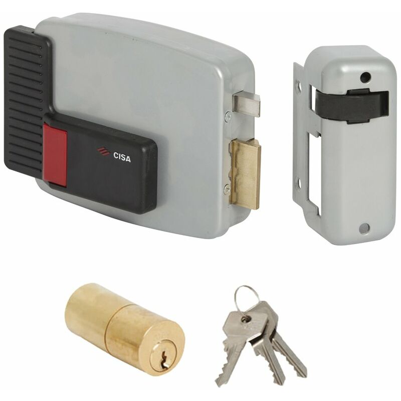 foto del prodotto 111611701, serratura elettrica da applicare, 12v, verniciato grigio alluminio, entrata 70, mano destra, cilindro a tubo cisa