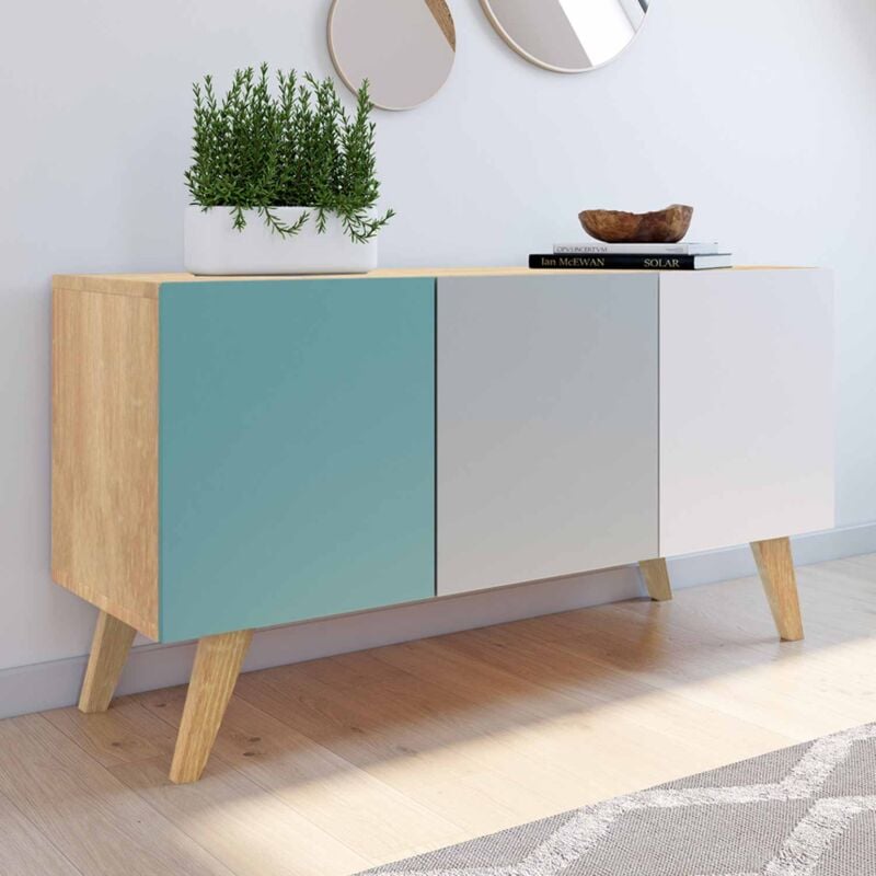 foto del prodotto 113 cm alice credenza bassa scandinava a 3 ante in blu, grigio e bianco