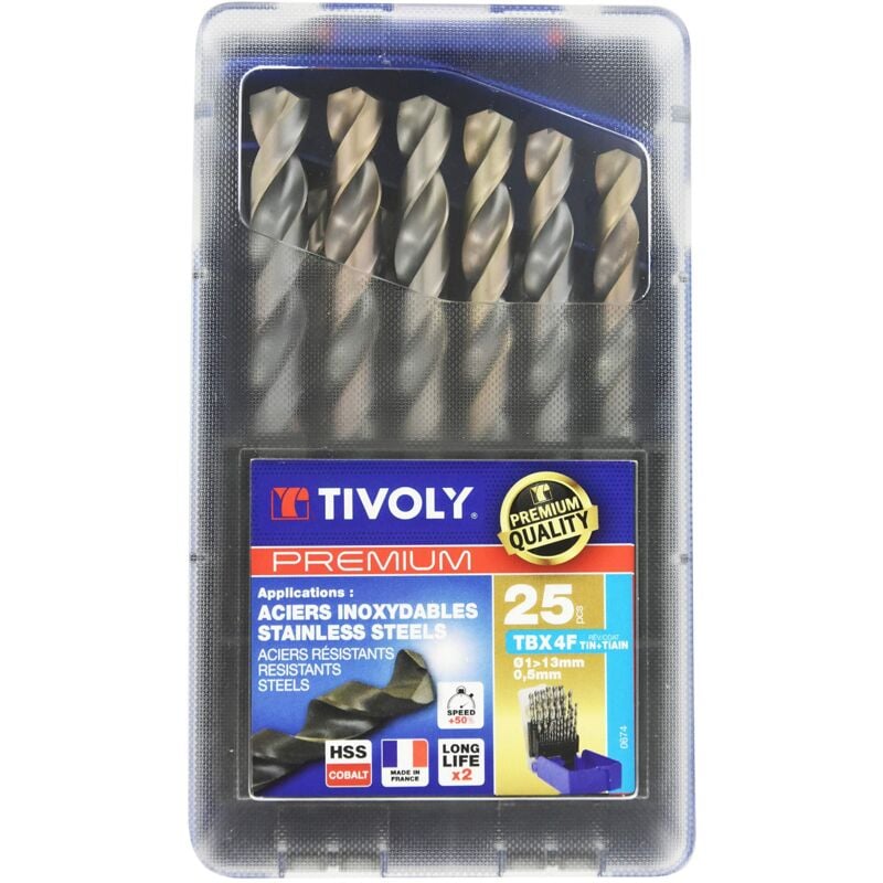 foto del prodotto 11456170017 set g di 25 punte premium tbx 4f hss cobalto con lama rivettata, affilatura a 4 lati, contiene 1 a 13 mm per 1 2 mm tivoly