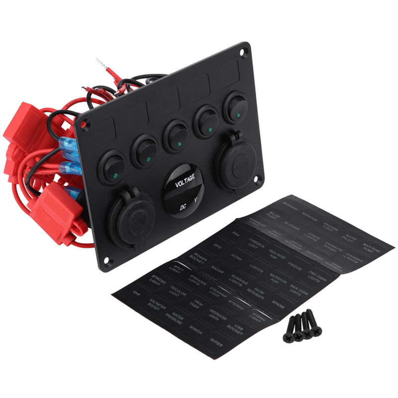 foto del prodotto 12 24v 5 gang on off interruttore a levetta pannello doppio voltmetro usb per auto barca marina camion led verde eosnow