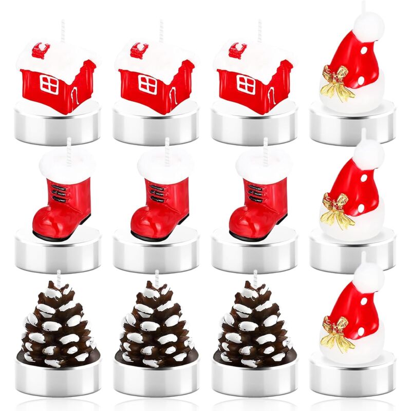 foto del prodotto 12 candele natalizie tealight, candele natalizie fatte a mano, candele natalizie delicate, candele a forma di pigna a forma di cappello di natale,