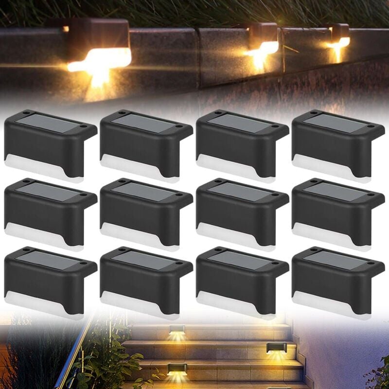 foto del prodotto 12 confezioni di luci solari da esterno impermeabili per giardino, patio, sentieri, recinzioni, scale, balconi, decorazioni, luce bianca calda (nero)