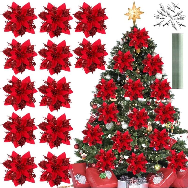 foto del prodotto 12 fiori di poinsettia di natale rossi, fiori artificiali per albero di natale, decorazioni natalizie, poinsettia con 12 steli e 12 clip per