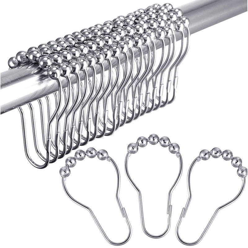 foto del prodotto 12 ganci per tenda da doccia in acciaio inox 70 x 40 mm, ganci per tenda da doccia con sistema scorrevole, tende argento bebusingoto