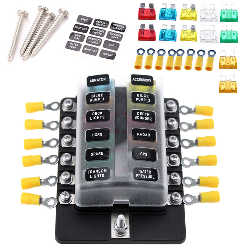 foto del prodotto 12 holder way lama fuse box fuse blocks con terminali led rosso 10pz fusibili 10pcs per il crogiolo di automobile marine caravan camion 12v 24v