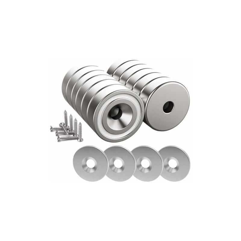foto del prodotto 12 magneti al neodimio da 10 kg di forza, 20 x 7 mm con foro e tappo, magneti con base svasata, viti e 12 cuscinetti in acciaio argento lucido 
